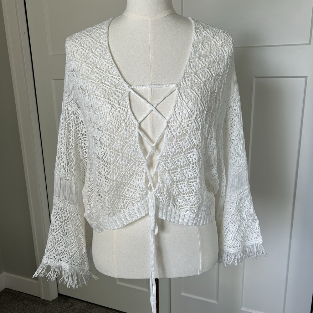 Boho Crochet Tie-Front Cardigan - White Lace-Up Cropped Sweater Women's MEDIUM